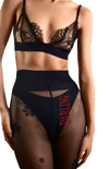 'Darling' embroidery on Love Me tights shown with black underwear—playful, wearable, and romantic