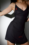 Fitted sheer lounge dress with floral placement and red 'Take Me Off' embroidery for intimate evenings