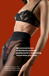 Close-up of red 'You' embroidery on sheer black tights, like a secret tattoo message