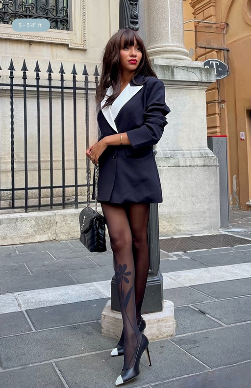 Adore Me floral tights styled for office wear—professional and elegant with a bold embroidered leg design