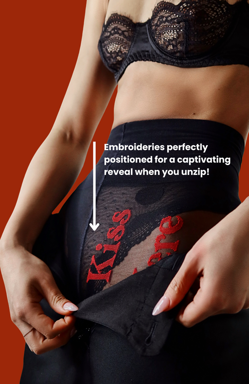 Sheer black tights with bold polka dots and red ‘Kiss Here’ statement—fashion-forward and flirtatious