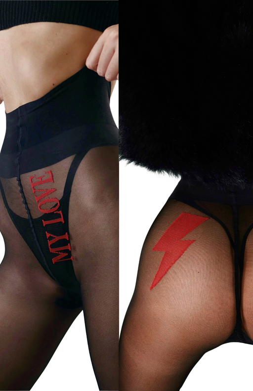 Betty’s Be Mine and Thunderstorm tights—featuring hidden red “My Love” embroidery and a bold lightning bolt for a daring, intimate statement.