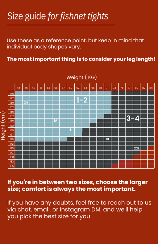 Size guide for all Betty fishnet tights—visual chart showing recommended size based on height and weight, with emphasis on leg length and comfort.
