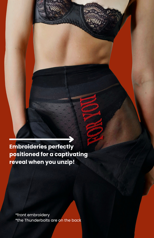 Red “For You” embroidery placed for a flirty reveal—Thunderstorm tights designed to surprise.