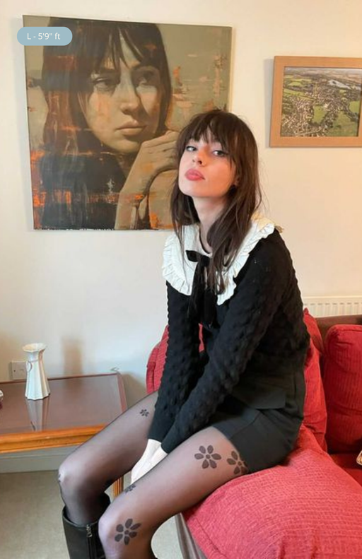 Love Me tights with black shorts and Claudine collar top—elegant, cute floral statement