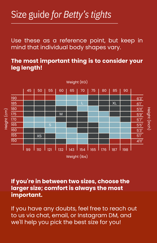 Love Me tights size chart with height and weight guide for a perfect romantic fit