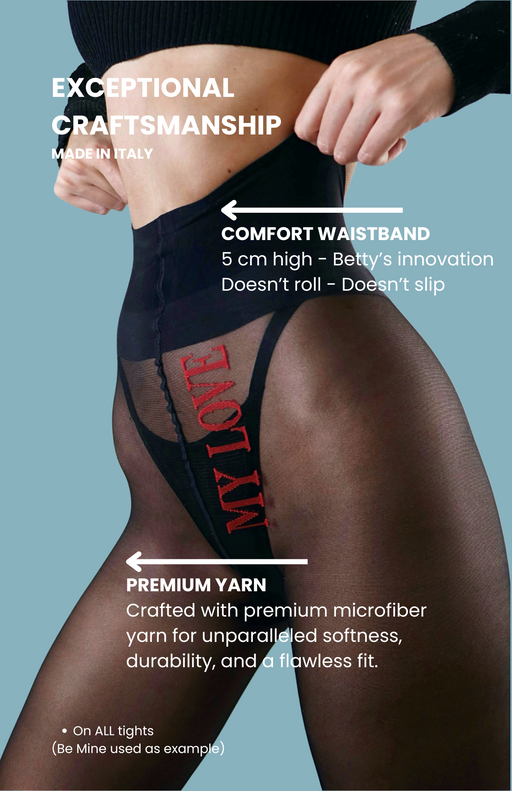 Close-up of 5cm microfiber waistband and premium yarn on Love Me tights—soft, durable, and perfectly fitted