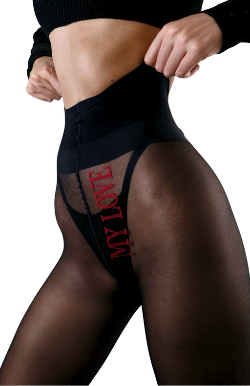 “My Love” red embroidery on sheer black tights—subtle, romantic, and perfect for a date-night statement.